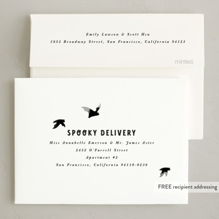 This is a midnight halloween party invitations cards by Angela Garrick called batty printing on recycled smooth signature in petite