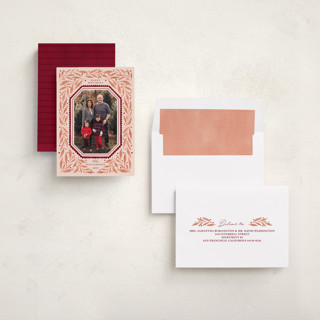 This is a cranberry holiday photo cards with standard by Kristen Magee called botanical scallop frame printing on recycled smooth signature in standard