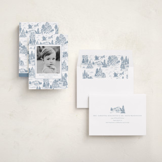 This is a periwinkle holiday photo cards with standard by Jennifer Lew called christmas toile printing on recycled smooth signature in standard