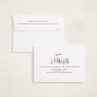 This is a eggnog holiday photo cards with standard by Becky Nimoy called snow and ivory winter scene printing on recycled smooth signature in standard