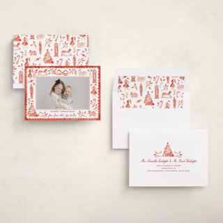 This is a red ribbon holiday photo cards with standard by Sarah Knight called the nutcracker printing on recycled smooth signature in standard