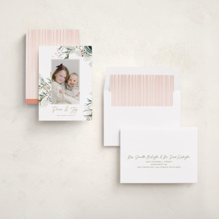 This is a sage holiday photo cards with standard by Eve Schultz called tossed printing on recycled smooth signature in standard