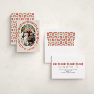 This is a linen holiday photo cards with standard by Karidy Walker called cozy knit christmas printing on recycled smooth signature in standard
