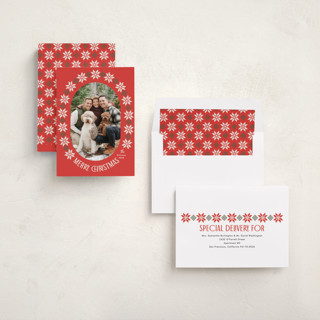 This is a scarlet holiday photo cards with standard by Karidy Walker called cozy knit christmas printing on recycled smooth signature in standard