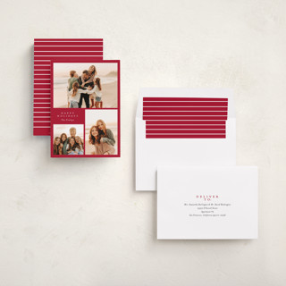 This is a poinsettia holiday photo cards with standard by Angela Thompson called happy trio printing on recycled smooth signature in standard