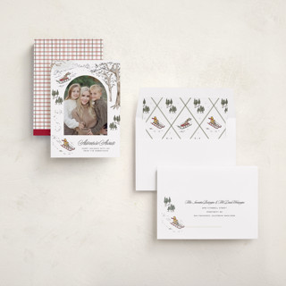 This is a snow holiday photo cards with standard by Jenna Holcomb called disney's winnie the pooh winter adventures printing on recycled smooth signature in standard