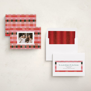 This is a cherry pie holiday photo cards with standard by Carrie Moradi called festive checked plaid printing on recycled smooth signature in standard