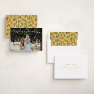 This is a golden holiday photo cards with standard by Everett Paper Goods called simply delighted printing on recycled smooth signature in standard