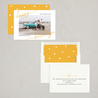 This is a butterscotch holiday photo cards with standard by Ekko Studio called playful corners printing on recycled smooth signature in standard