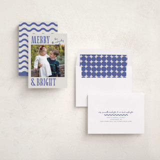 This is a blue spruce holiday photo cards with standard by Kelly Watkins called merry modern printing on recycled smooth signature in standard