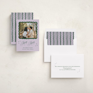 This is a sugar plum holiday photo cards with standard by Lauren Jopling called squiggle and stars printing on recycled smooth signature in standard