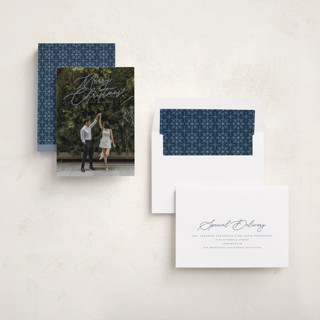 This is a midnight holiday photo cards with standard by Melanie Kosuge called merry monoline printing on recycled smooth signature in standard