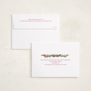 This is a candy cane holiday photo cards with standard by Sarah Knight called boughs of bows printing on recycled smooth signature in standard