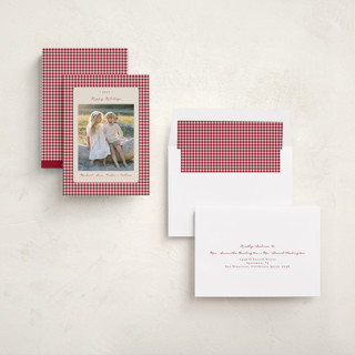 This is a cranberry holiday photo cards with standard by Emily Betts called gingham vintage printing on recycled smooth signature in standard