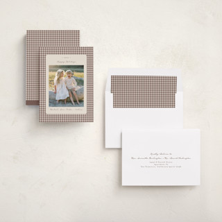 This is a gingerbread latte holiday photo cards with standard by Emily Betts called gingham vintage printing on recycled smooth signature in standard