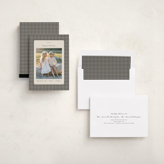 This is a coal holiday photo cards with standard by Emily Betts called gingham vintage printing on recycled smooth signature in standard