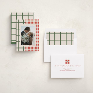 This is a santa suit holiday photo cards with standard by Carrie ONeal called grandmas dishes printing on recycled smooth signature in standard