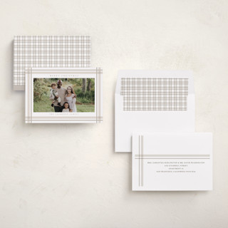This is a tan holiday photo cards with standard by Ashley Presutti Beasley called traditional plaid printing on recycled smooth signature in standard