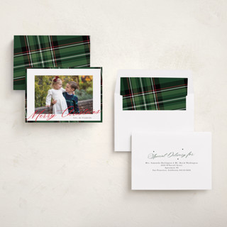 This is a hunter green holiday photo cards with standard by Cindy Reynolds called yule plaid printing on recycled smooth signature in standard