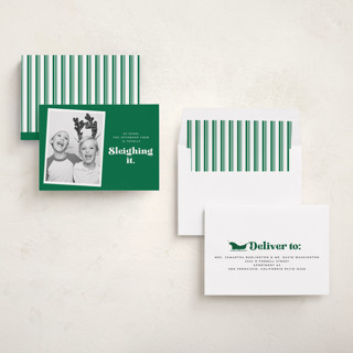 This is a elf holiday photo cards with standard by Corinne Malesic called sleighing it printing on recycled smooth signature in standard