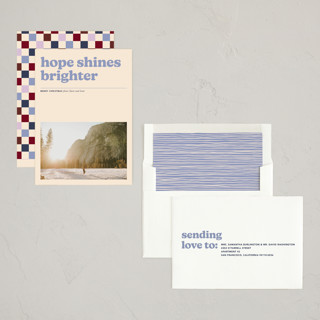 This is a periwinkle holiday photo cards with standard by Annie Clark called headline printing on recycled smooth signature in standard
