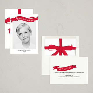 This is a crimson holiday photo cards with standard by Jennifer Lew called spool printing on recycled smooth signature in standard