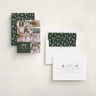 This is a forest holiday photo cards with standard by Everett Paper Goods called among the pines printing on recycled smooth signature in standard