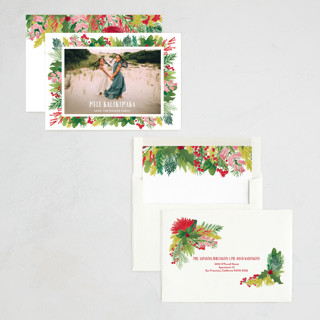 This is a strawberry punch holiday photo cards with standard by Shiny Penny Studio called tropical pines frame printing on recycled smooth signature in standard