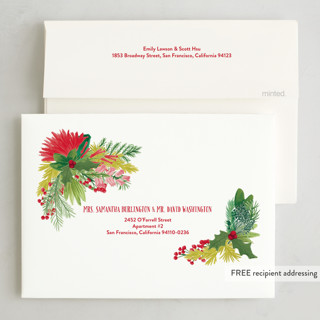 This is a strawberry punch holiday photo cards with standard by Shiny Penny Studio called tropical pines frame printing on recycled smooth signature in standard