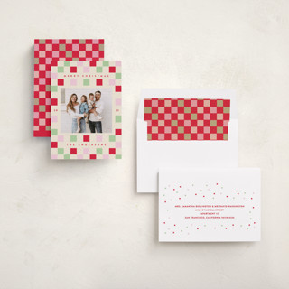 This is a cranberry holiday photo cards with standard by Katie Zimpel called happy checkers printing on recycled smooth signature in standard