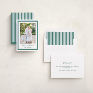 This is a spearmint holiday photo cards with standard by Carolyn MacLaren called preppy ribbon printing on recycled smooth signature in standard