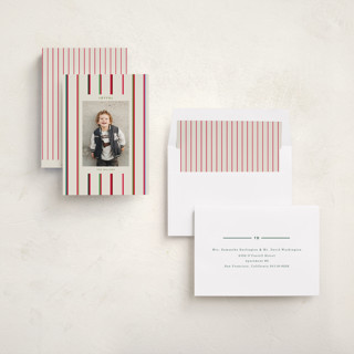 This is a champagne holiday photo cards with standard by Baumbirdy called colorful stripes printing on recycled smooth signature in standard