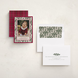 This is a holly berry holiday photo cards with standard by Jenna Holcomb called merry floral toile printing on recycled smooth signature in standard