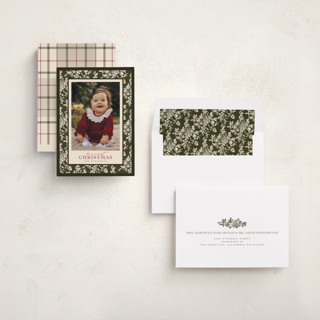 This is a pine holiday photo cards with standard by Jenna Holcomb called merry floral toile printing on recycled smooth signature in standard