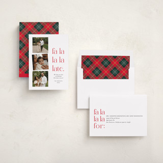 This is a crimson holiday photo cards with standard by Amy Payne called fa la la la late printing on recycled smooth signature in standard