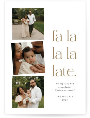 This is a golden holiday photo cards with standard by Amy Payne called fa la la la late printing on recycled smooth signature in standard
