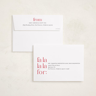 This is a crimson holiday photo cards with standard by Amy Payne called fa la la la late printing on recycled smooth signature in standard