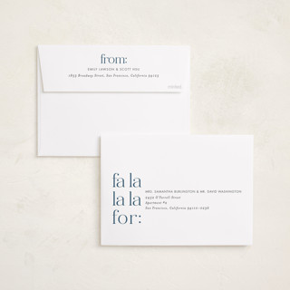 This is a navy holiday photo cards with standard by Amy Payne called fa la la la late printing on recycled smooth signature in standard