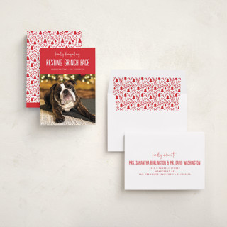 This is a poinsettia holiday photo cards with standard by Erica Krystek called grinch face printing on recycled smooth signature in standard