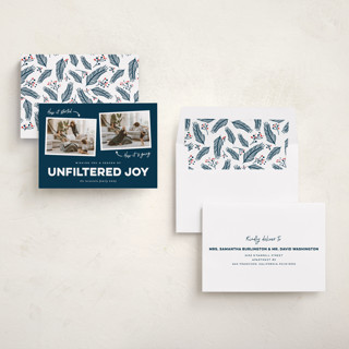 This is a navy holiday photo cards with standard by Erica Krystek called unfiltered joy printing on recycled smooth signature in standard