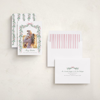 This is a winter rose holiday photo cards with standard by frau brandt called soft garland printing on recycled smooth signature in standard