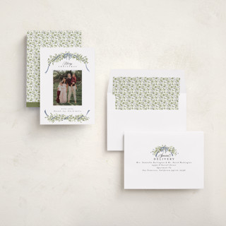 This is a blue spruce holiday photo cards with standard by Everett Paper Goods called boughs of pine printing on recycled smooth signature in standard