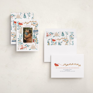 This is a eucalyptus holiday photo cards with standard by Sarah Knight called rockin' around the world printing on recycled smooth signature in standard