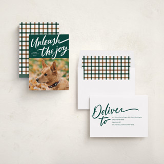 This is a evergreen holiday photo cards with standard by Erin German called unleash the joy printing on recycled smooth signature in standard