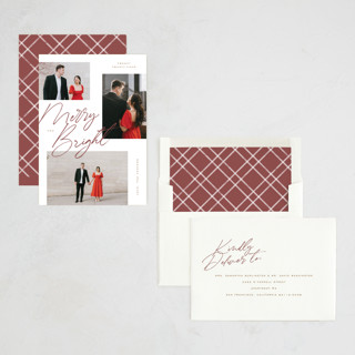 This is a burgundy holiday photo cards with standard by Michelle Taylor called scattered trio printing on recycled smooth signature in standard