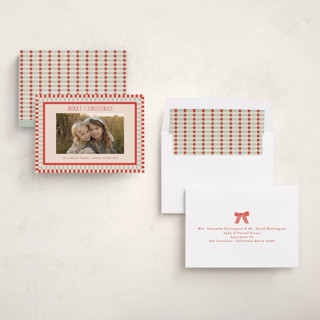 This is a tomato holiday photo cards with standard by Julie Murray called modern plaid printing on recycled smooth signature in standard