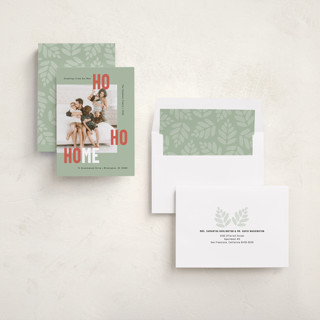 This is a sage holiday photo cards with standard by Mary Kay Garttmeier called new ho ho home printing on recycled smooth signature in standard