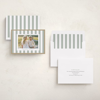 This is a sage holiday photo cards with standard by Angela Thompson called linen stripes printing on recycled smooth signature in standard