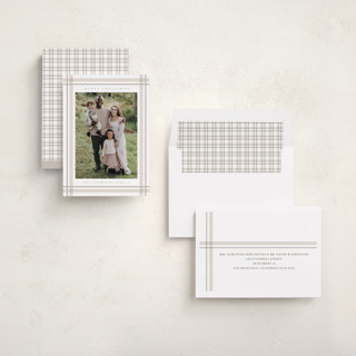 This is a tan holiday photo cards with standard by Ashley Presutti Beasley called traditional plaid printing on recycled smooth signature in standard
