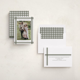 This is a sage holiday photo cards with standard by Ashley Presutti Beasley called traditional plaid printing on recycled smooth signature in standard